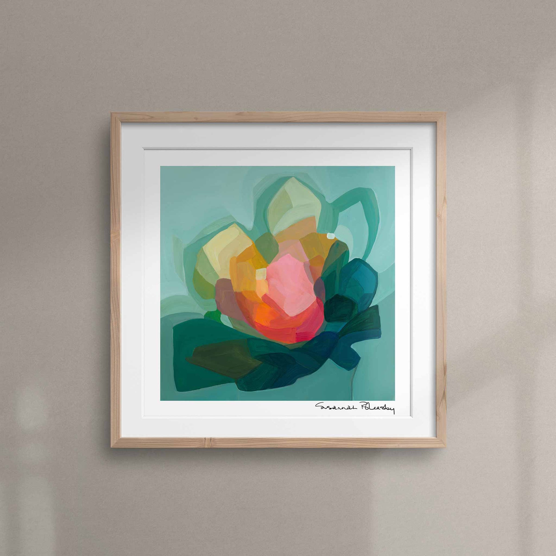 modern teal green abstract flower wall art print