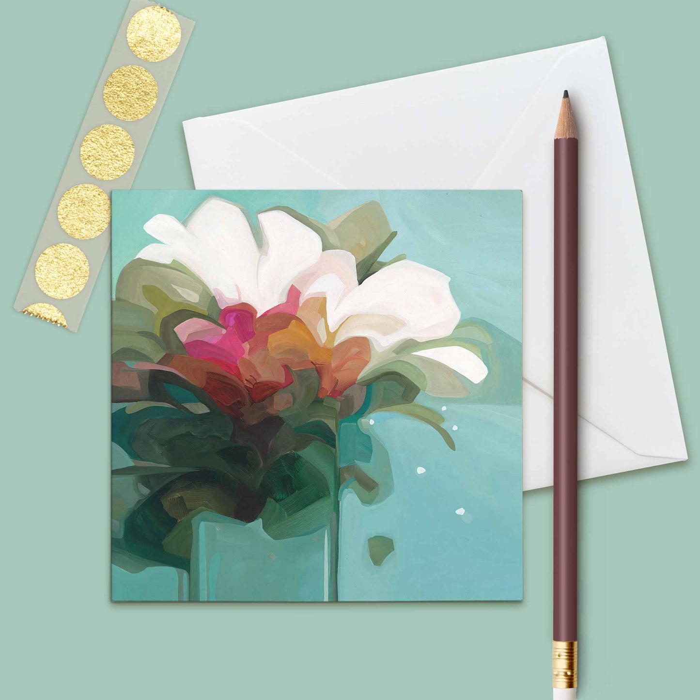 teal green art card with white flowers