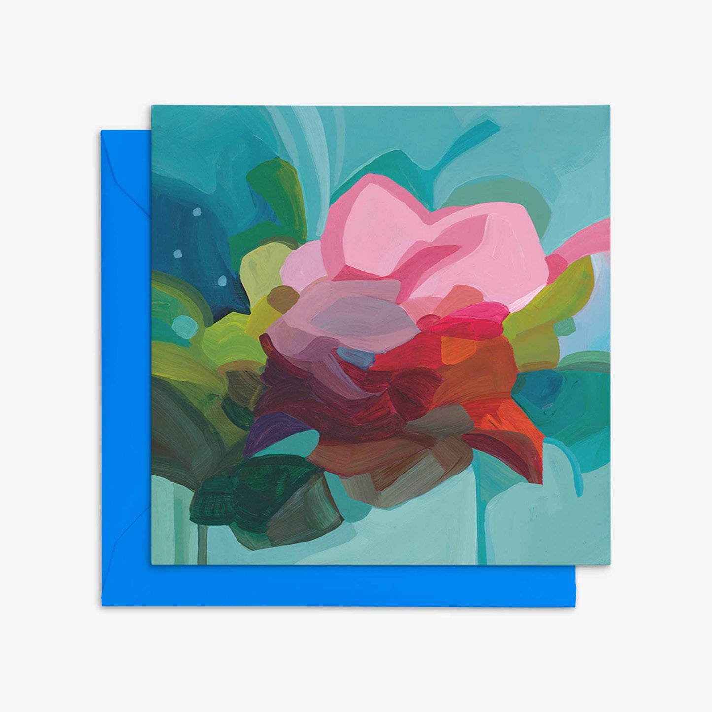 teal pink flower art card with bright blue envelope