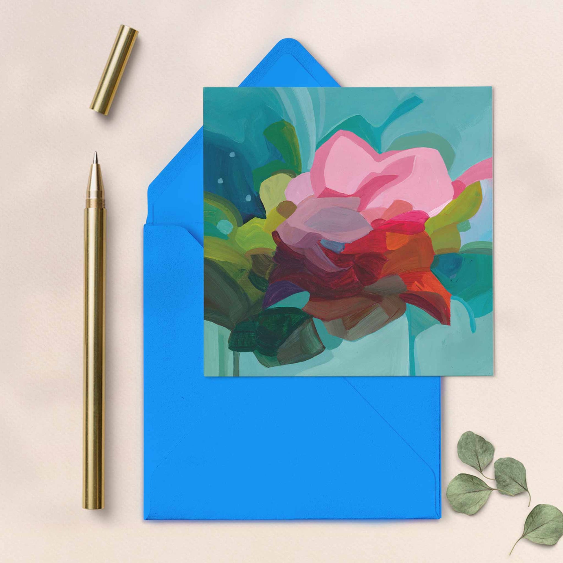 teal pink flower art greeting cards UK