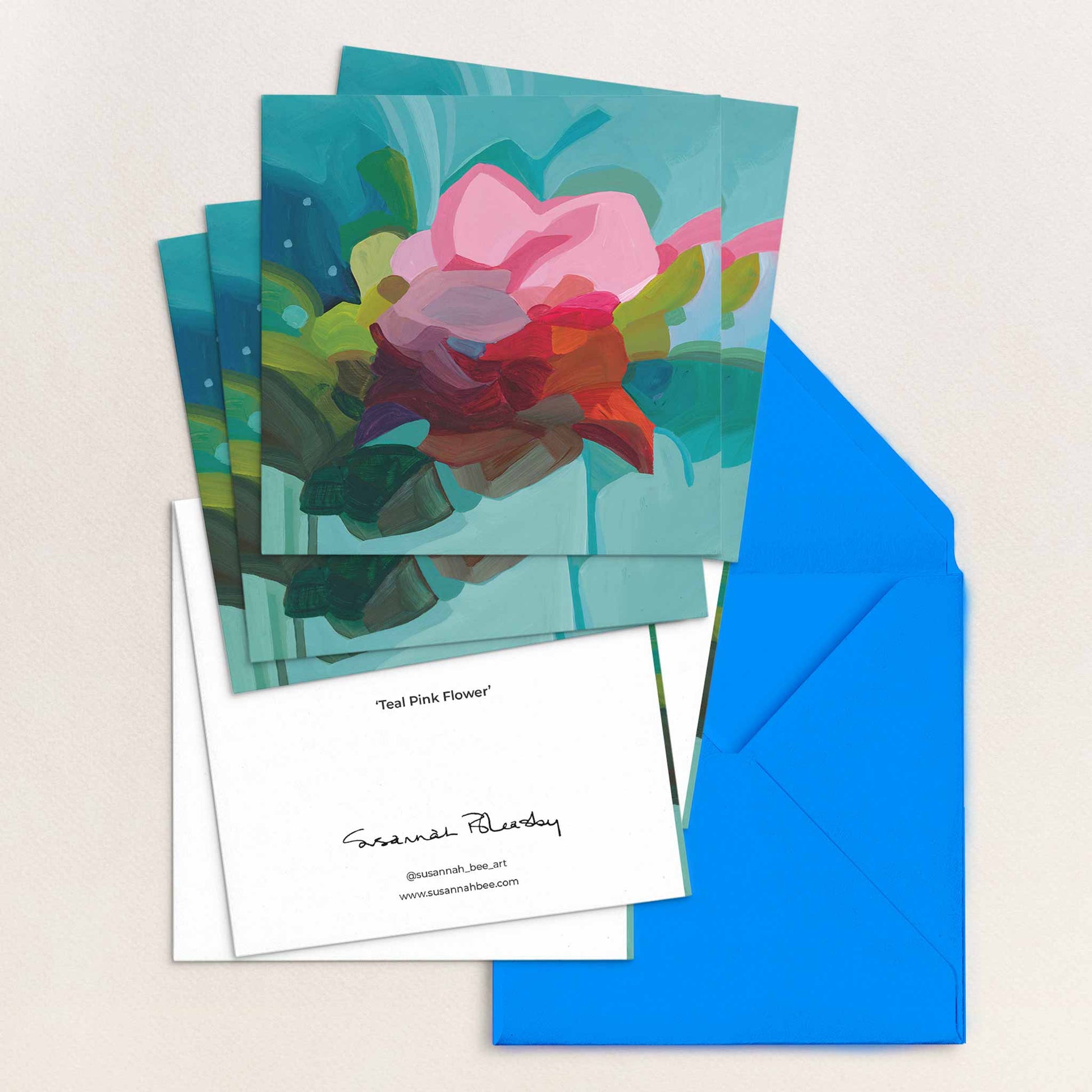 teal pink flower art cards UK