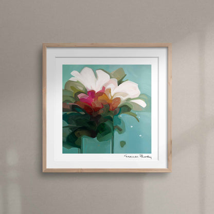 wall art print with white flowers on a teal background 12x12