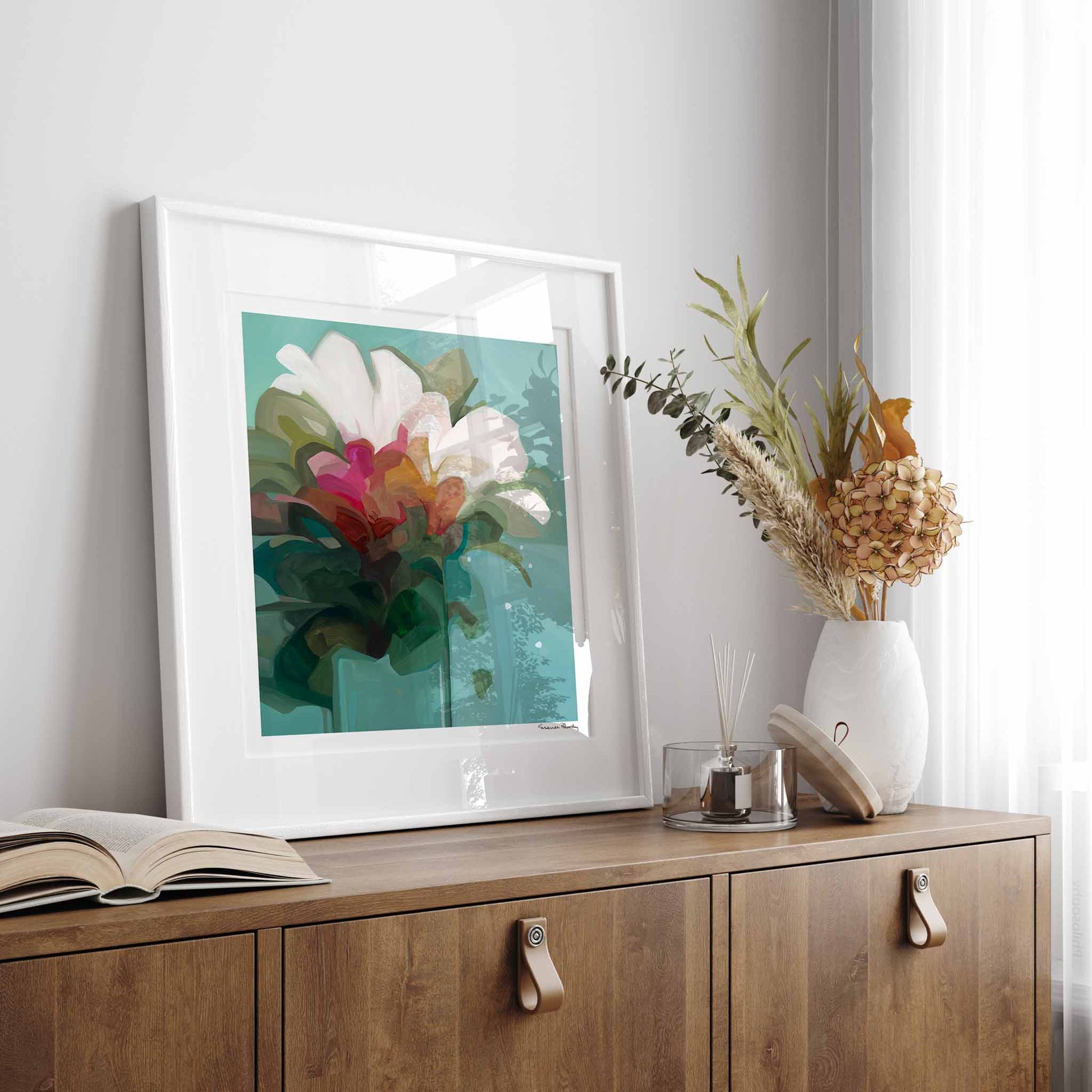 teal white flower painting wall art print