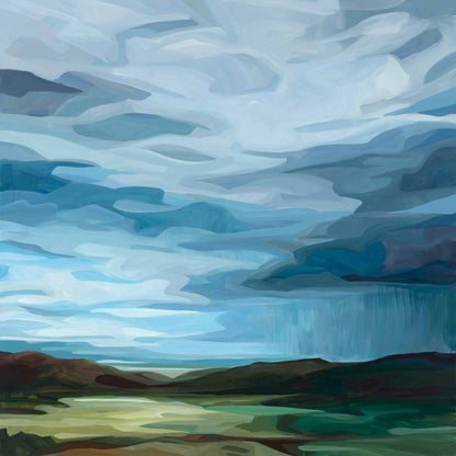 abstract painting wall art print of an approaching thunderstorm in a blue sky