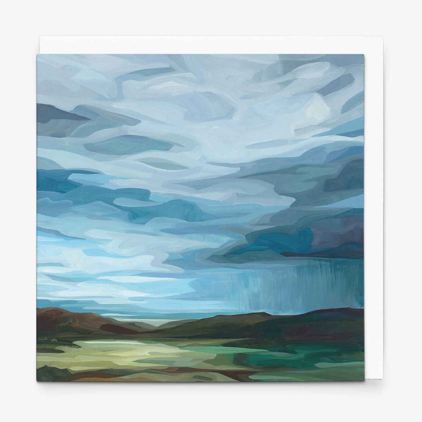 Abstract sky art greeting card featuring dramatic storm clouds and sunlight inspired by an approaching summer storm by Susannah Bleasby.