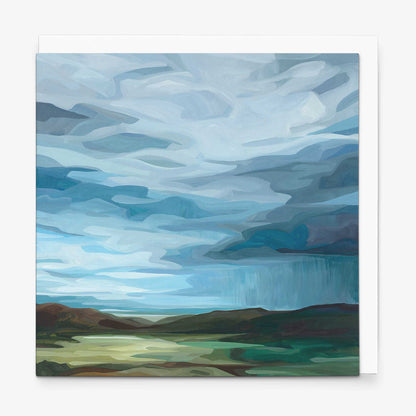 Abstract sky art greeting card featuring dramatic storm clouds and sunlight inspired by an approaching summer storm by Susannah Bleasby.