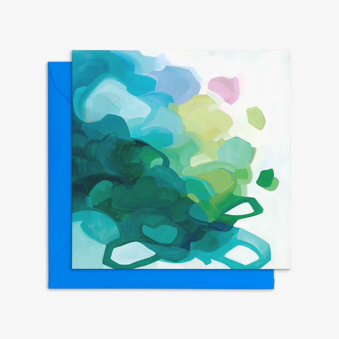 turquoise abstract art cards with bright blue envelope