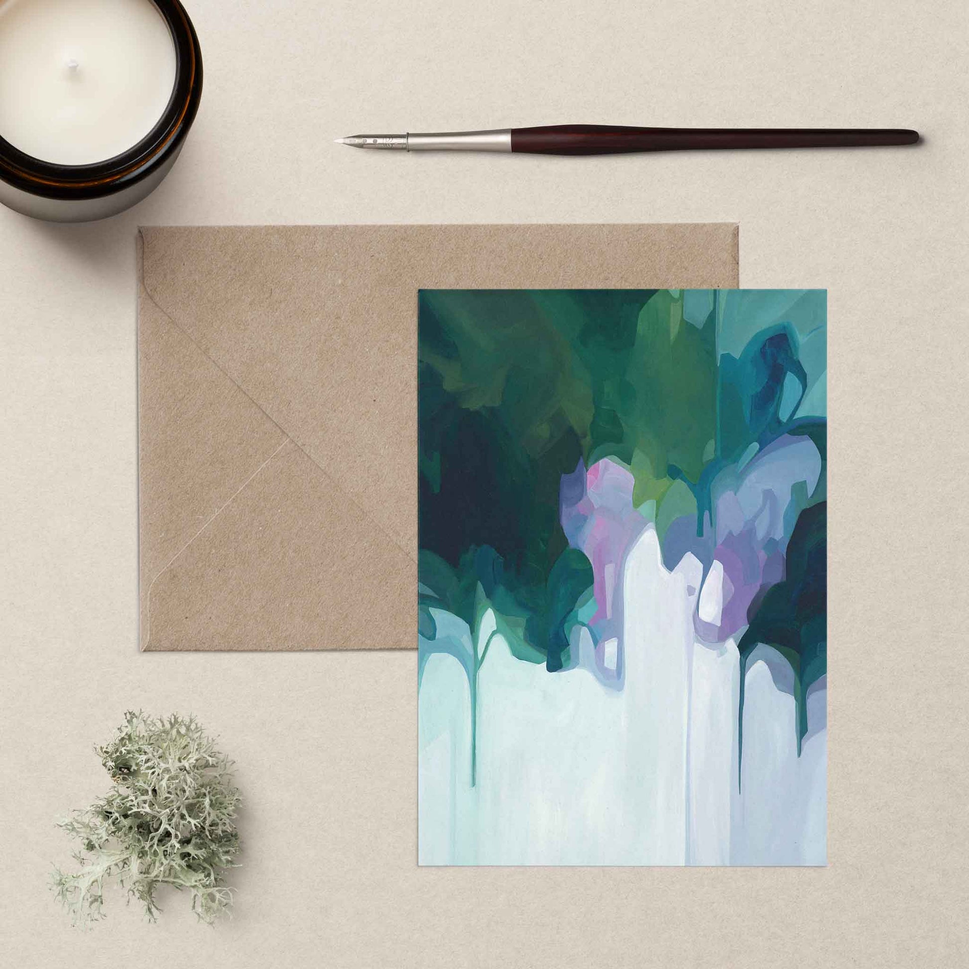 blank art green and blue abstract greeting card with abstract artwork and kraft envelopw