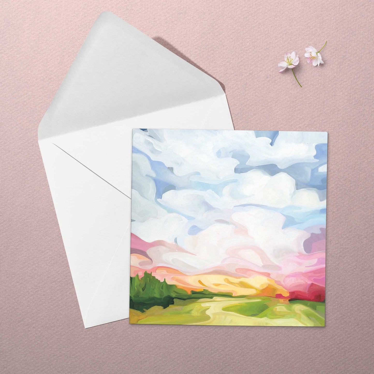 Abstract cloudscape greeting card with vibrant sky colours, sweeping brushstrokes, and joyful contemporary artwork