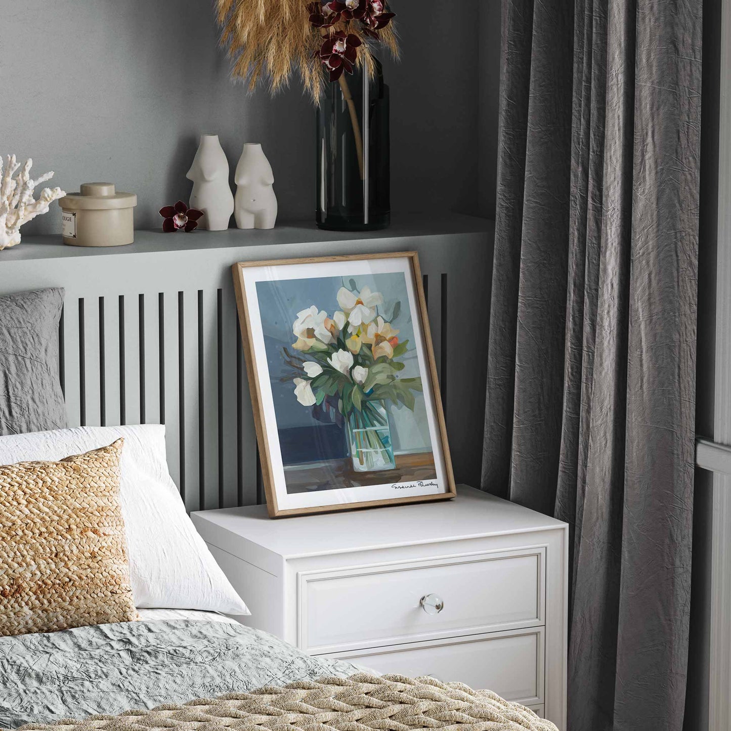 vertical flower art print in bedroom