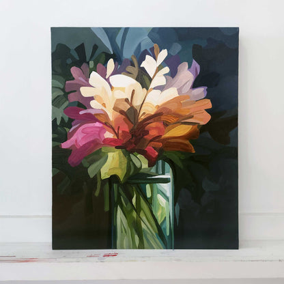 vertical flower painting with a bunch of wildflowers in a vase