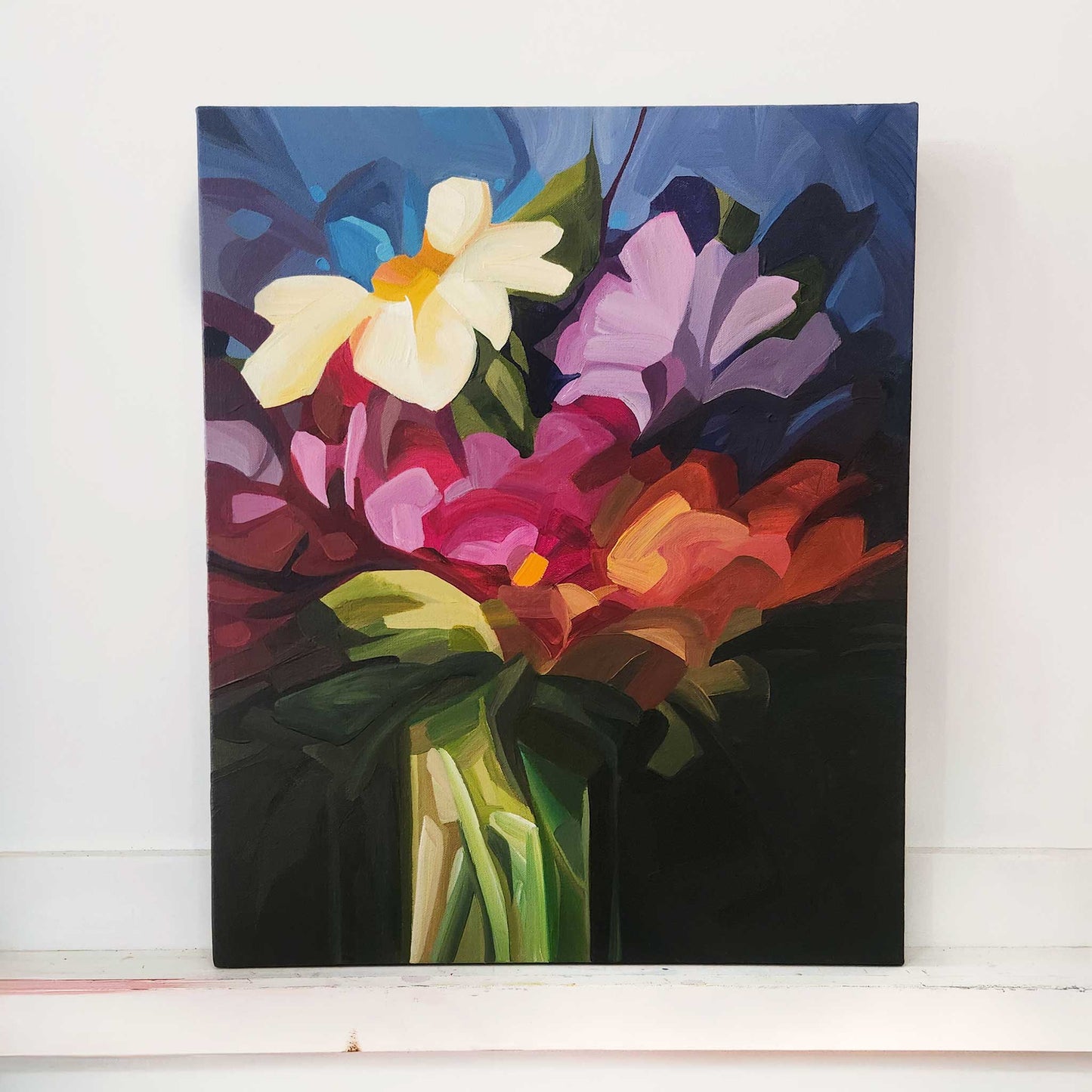 vertical abstract flower painting with purple and magenta flowers on blue background