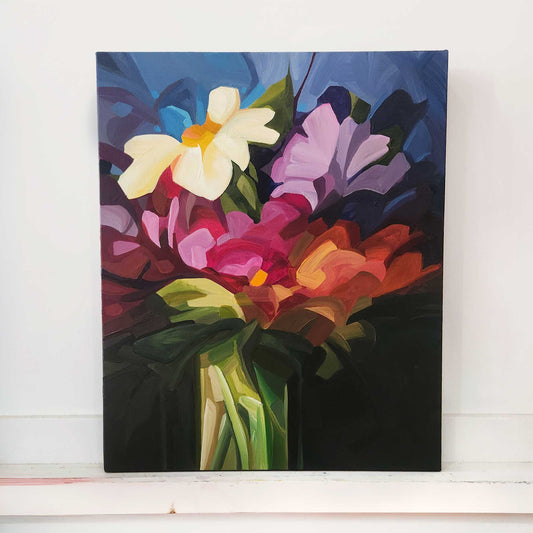 vertical abstract flower painting with purple and magenta flowers on blue background