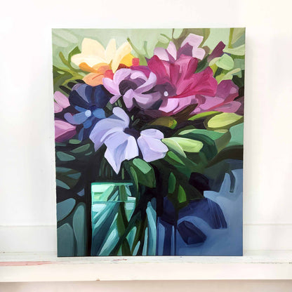 vertical flower painting of bright flowers in a vase