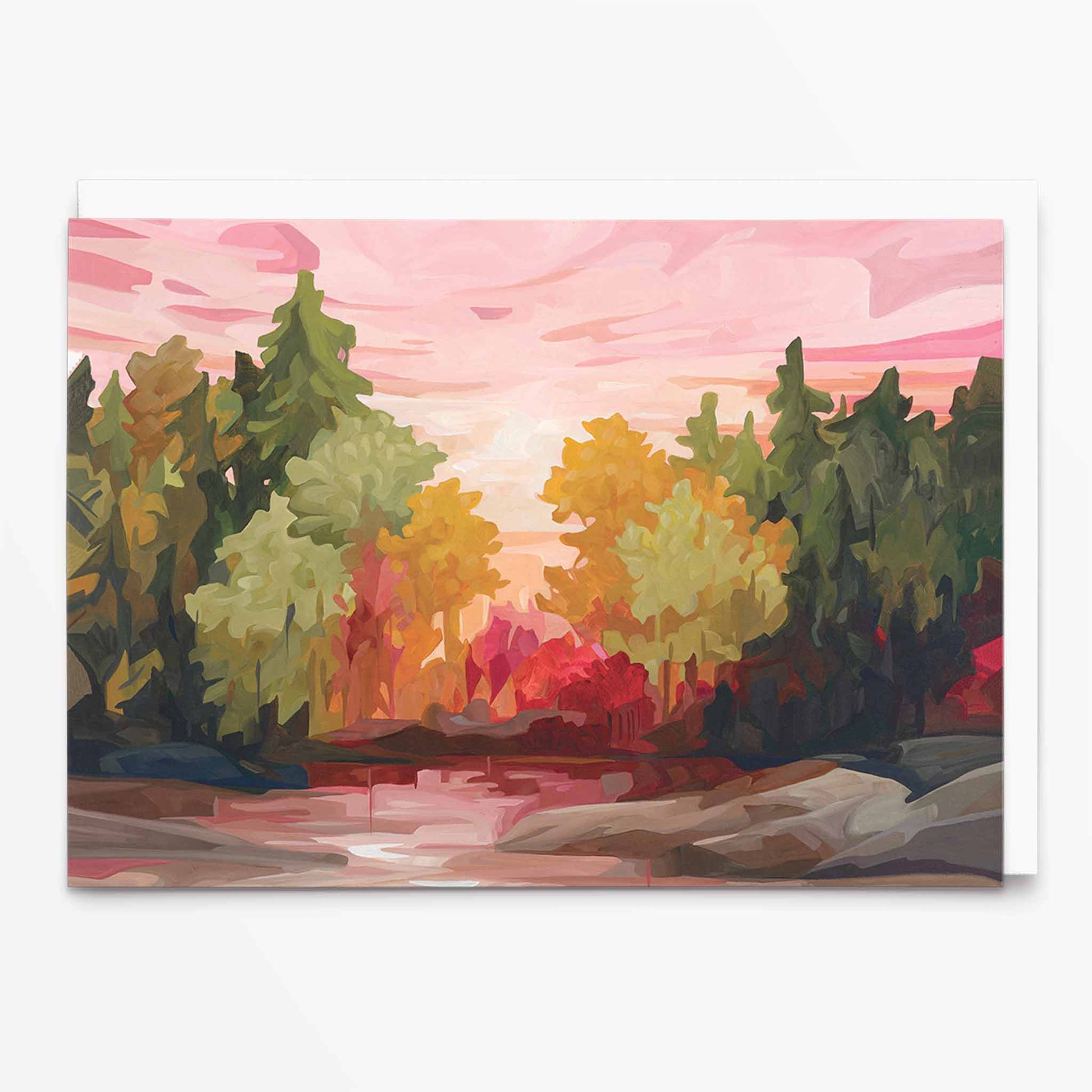 Landscape art card with warm autumn sky in peach and caramel tones