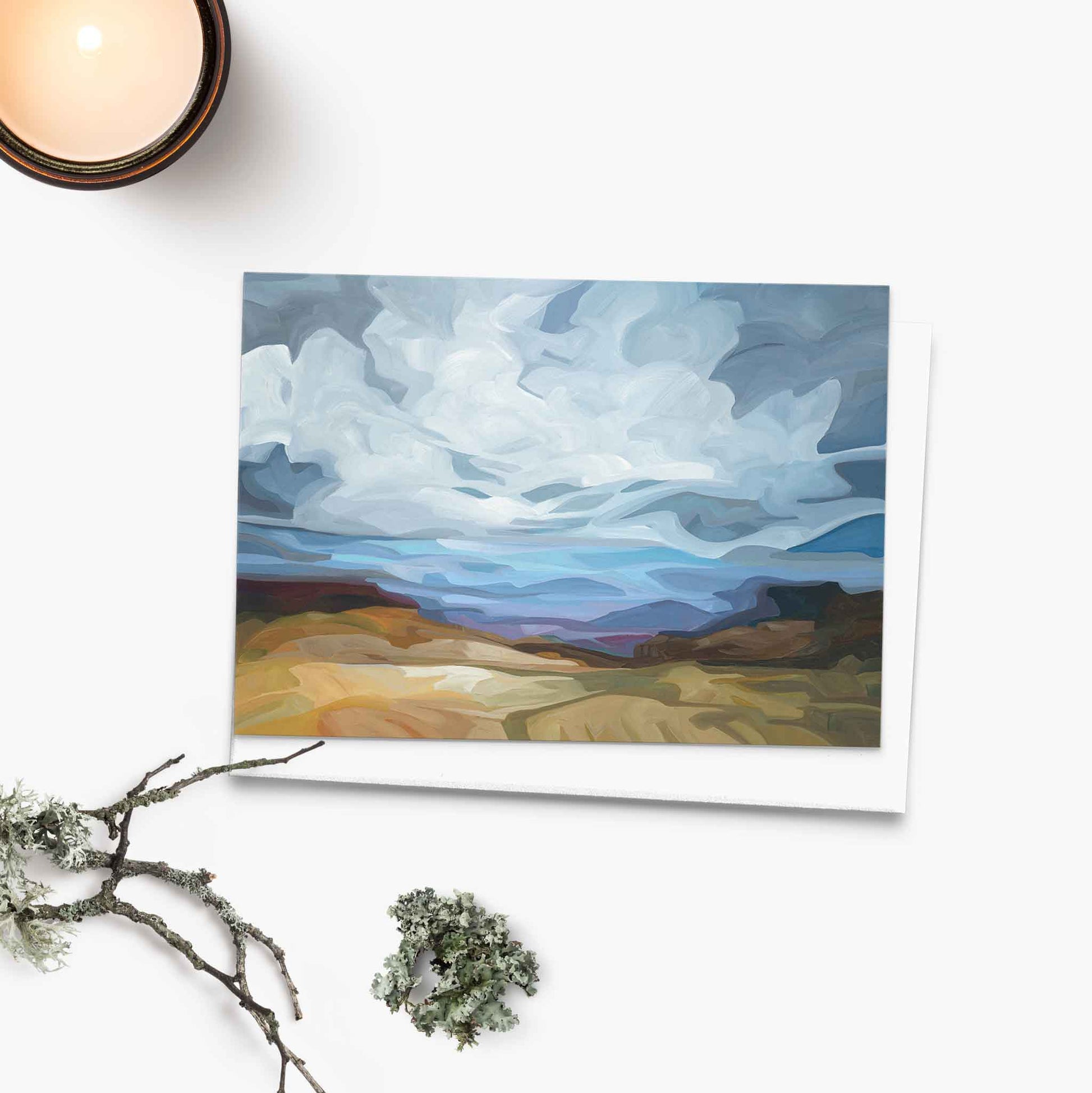 Landscape art card with soft lavender sky and distant horizon