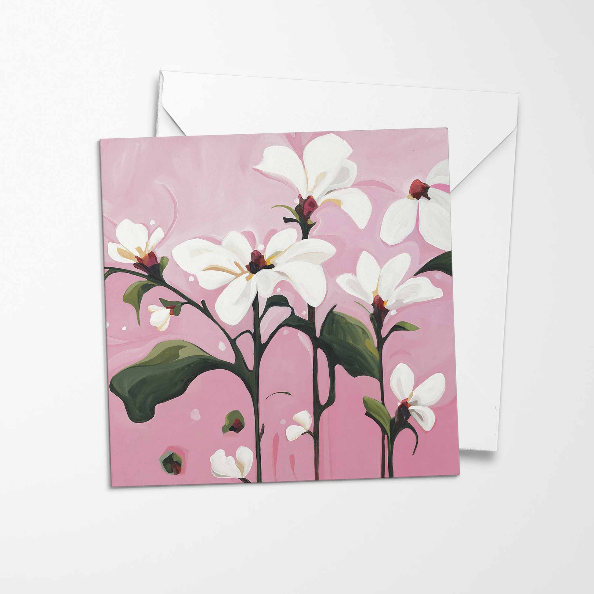white flower bouquet card pink background