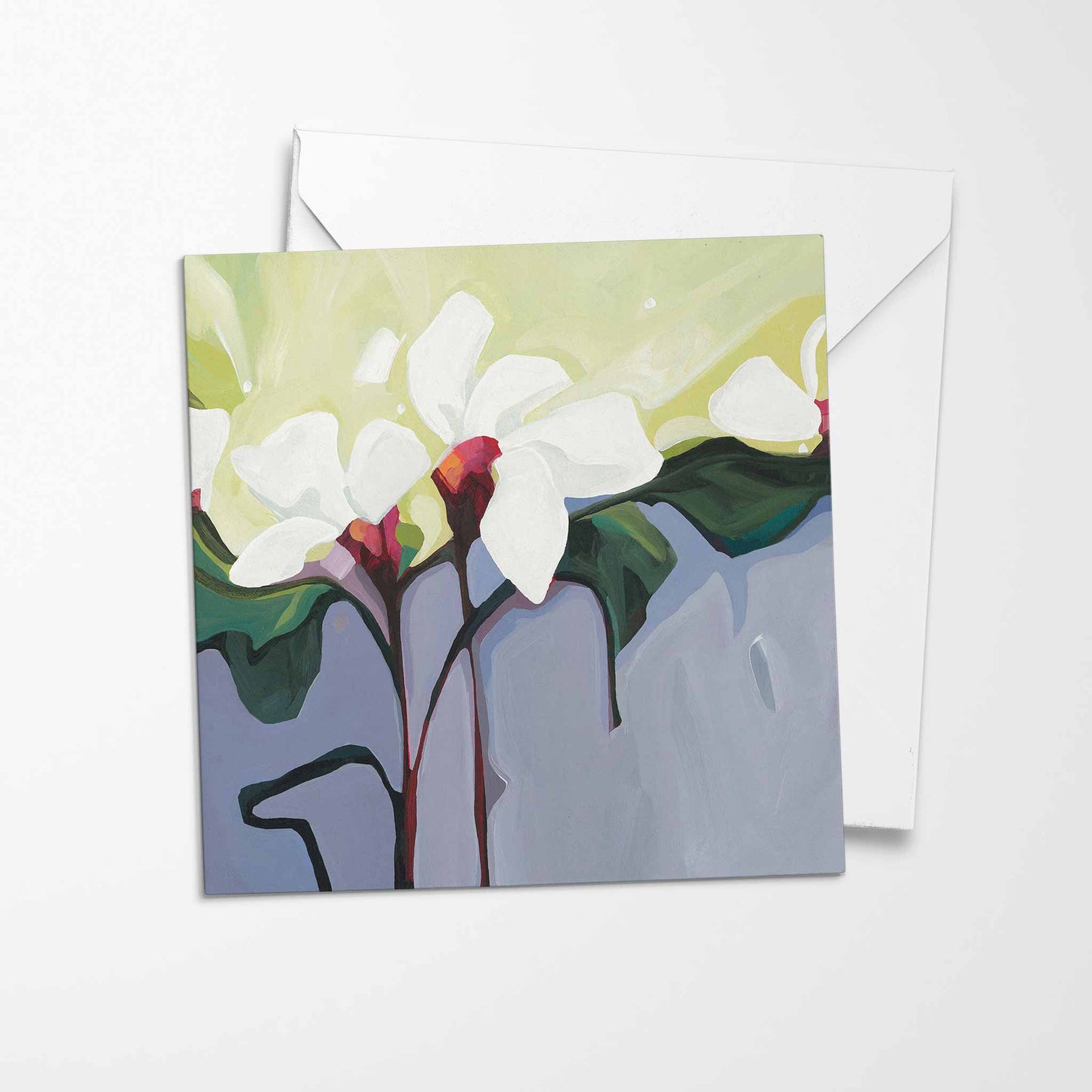 white flower greeting card yellow background