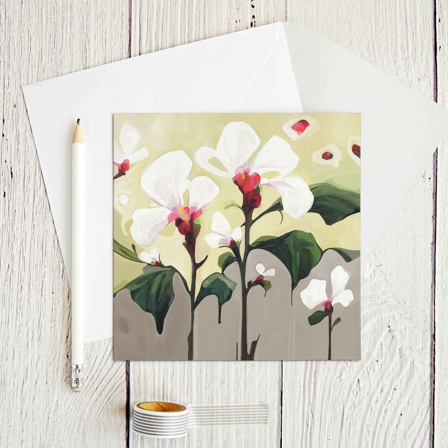 white flowers blank floral greeting card