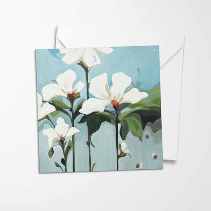 white flowers greeting card grey blue background