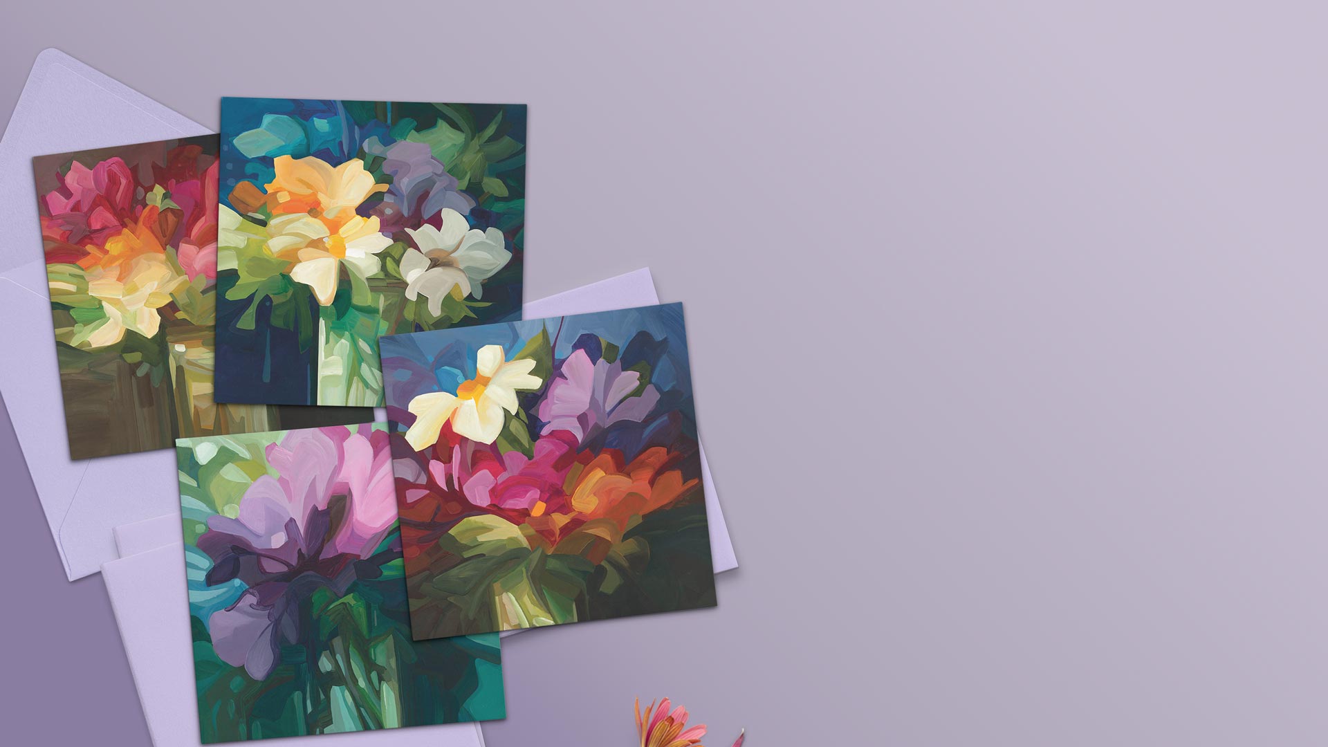 wildflower art cards on a mauve background