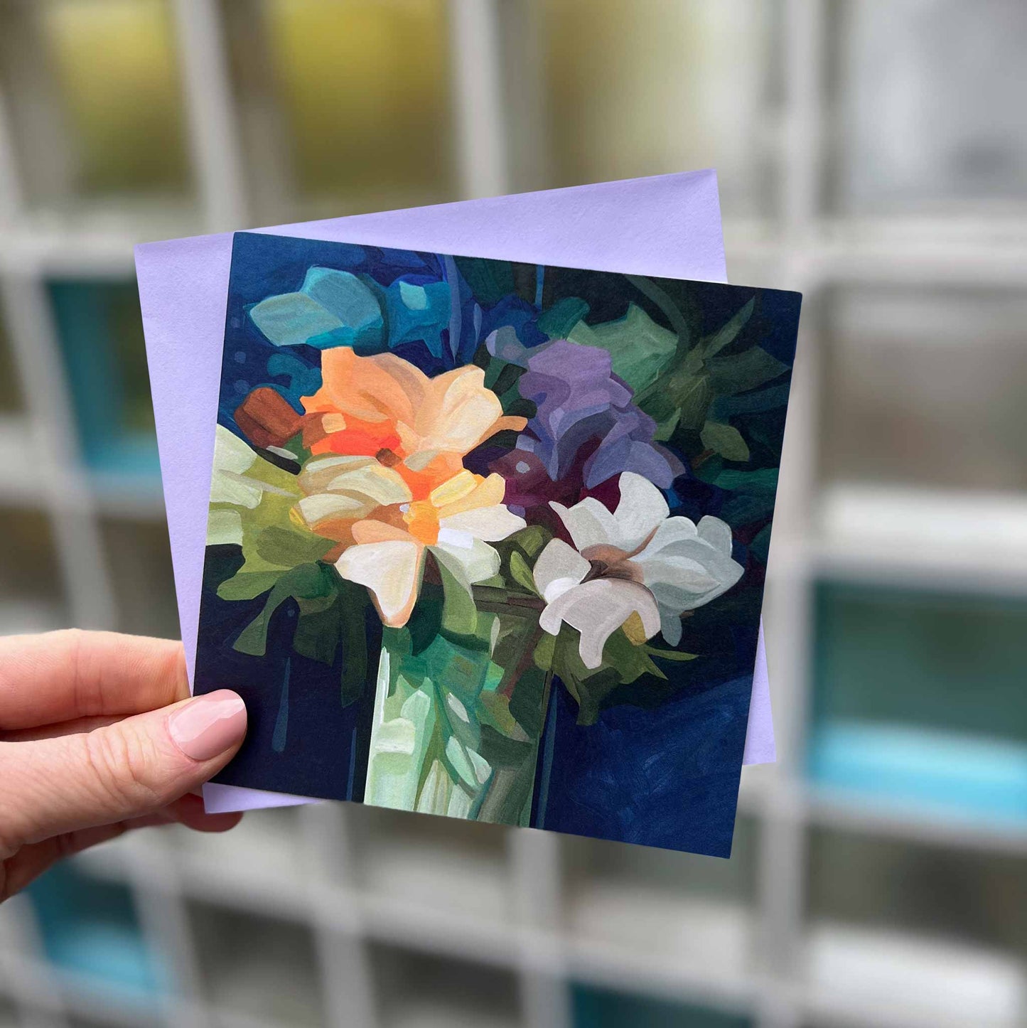 square wildflower art cards with yellow flowers on blue background and lilac envelope