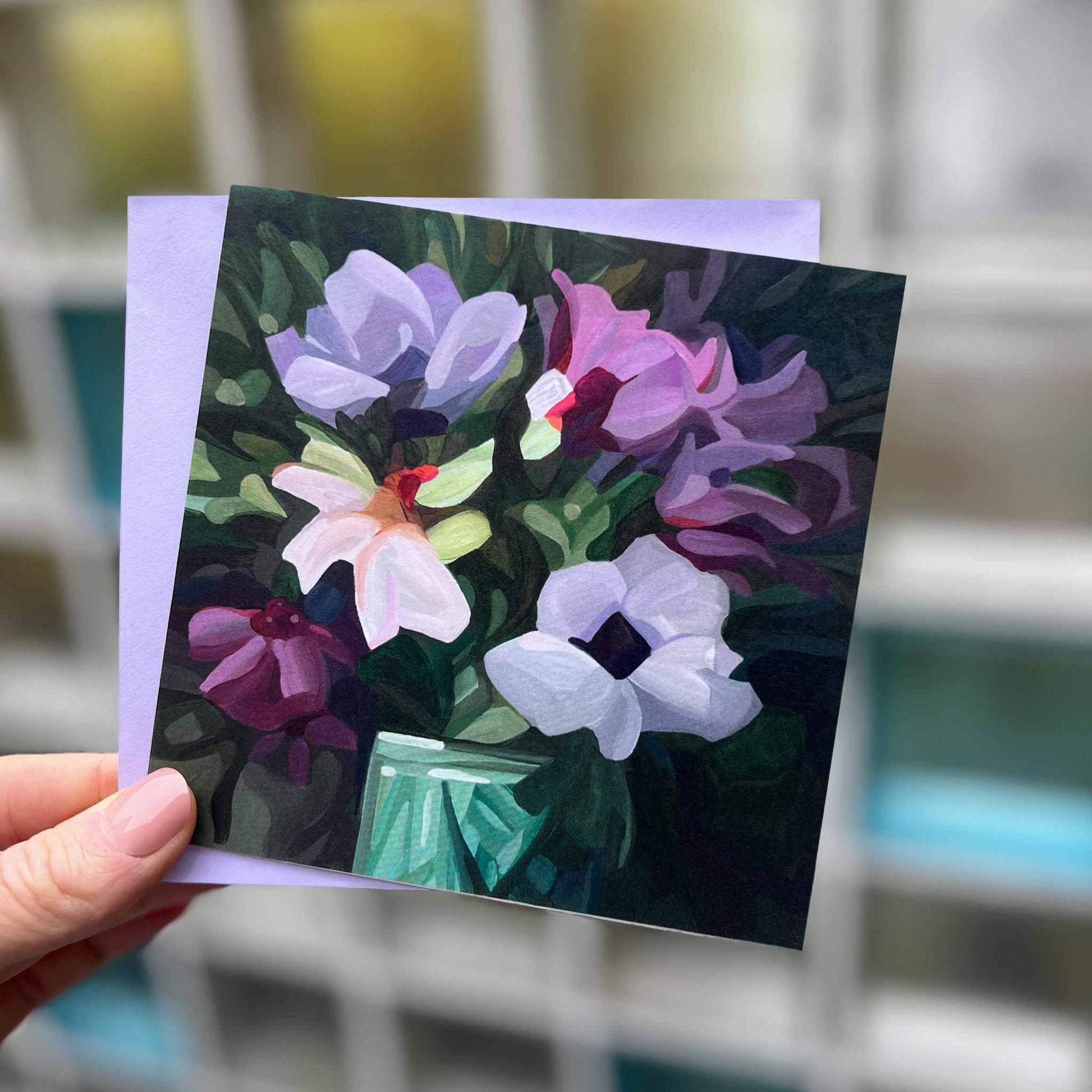 dark green art card with mauve wildflowers