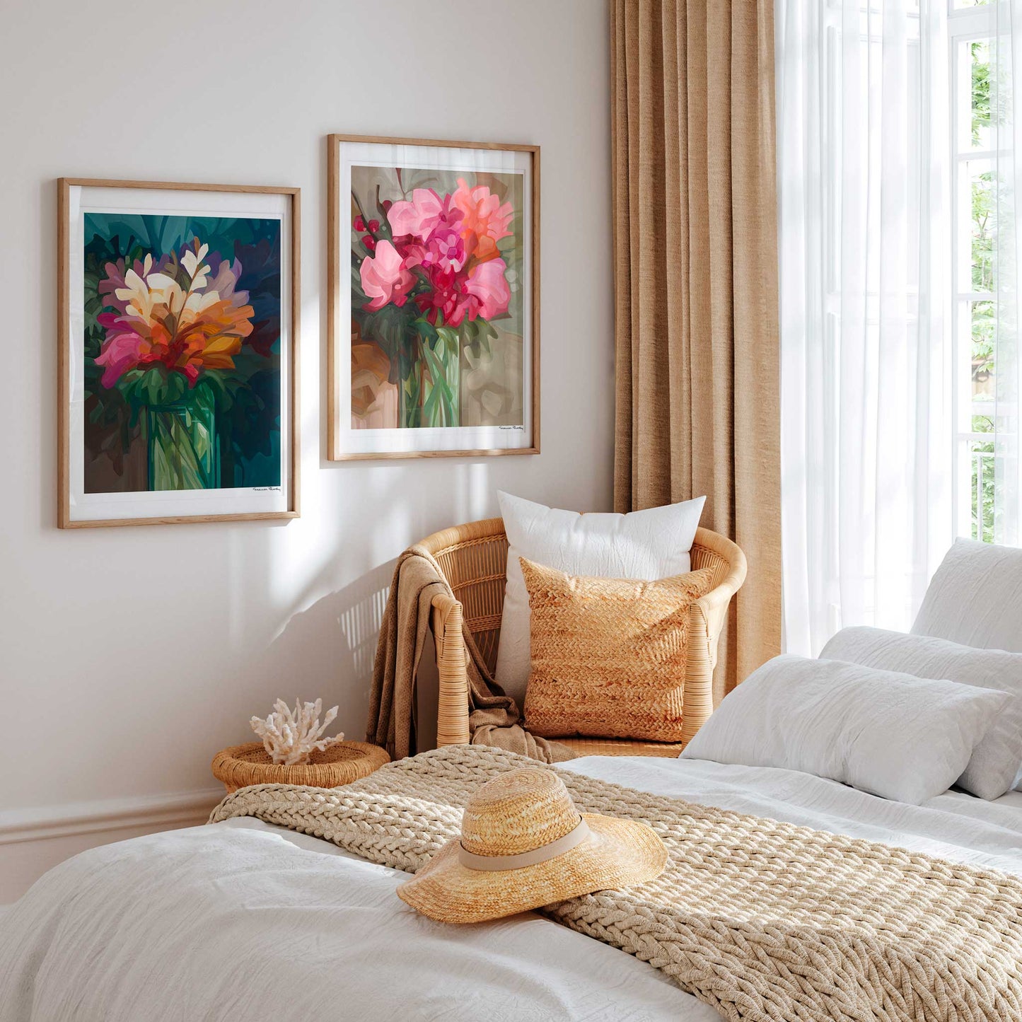 pair of large vertical floral abstract wall art prints in bedroom