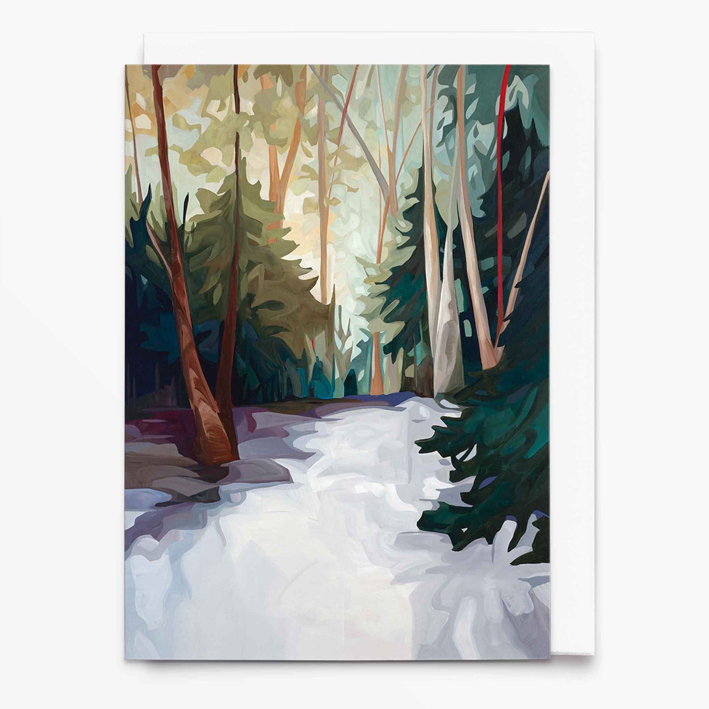 Landscape art card with winter forest snow and golden sunlight