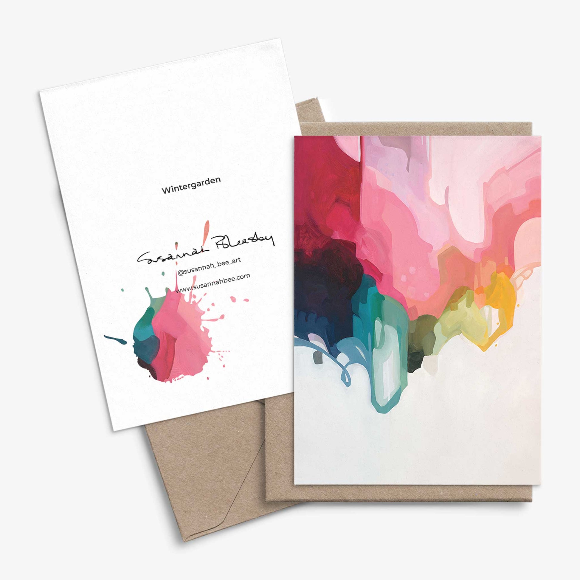 art greeting cards with colourful abstract artwork and kraft envelopes