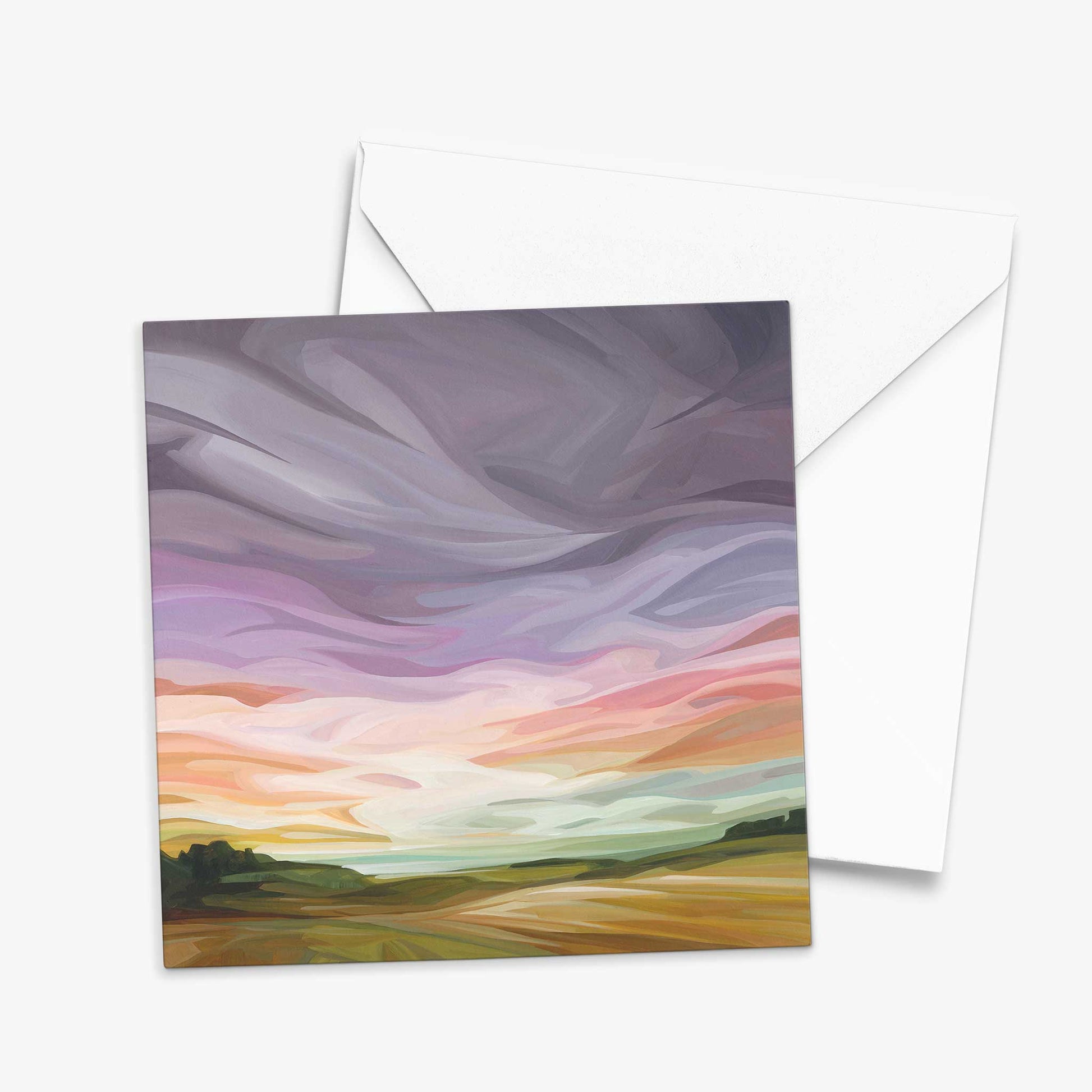 Colourful abstract sky art greeting card with sweeping purple clouds and glowing sunset tones