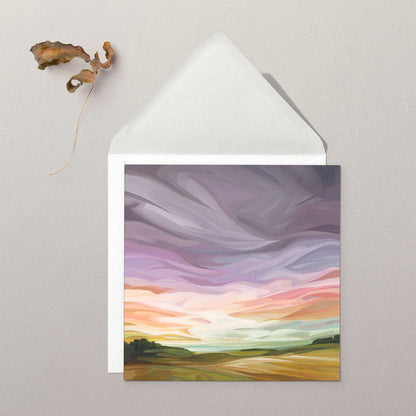 Contemporary fine art greeting card featuring dramatic pastel skies and open prairie landscape