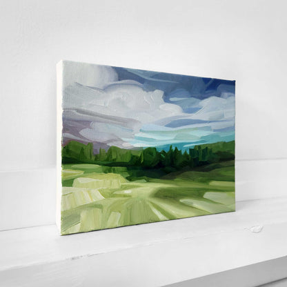 Original landscape painting featuring woodland and a peaceful horizon.