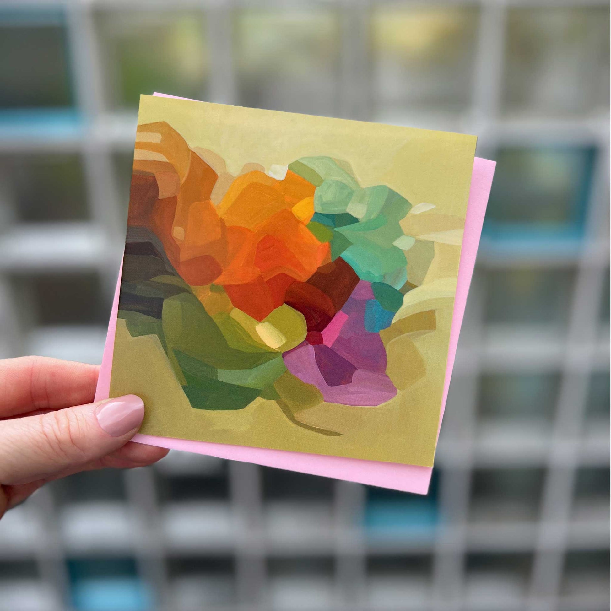 yellow abstract art card uk with pink envelope