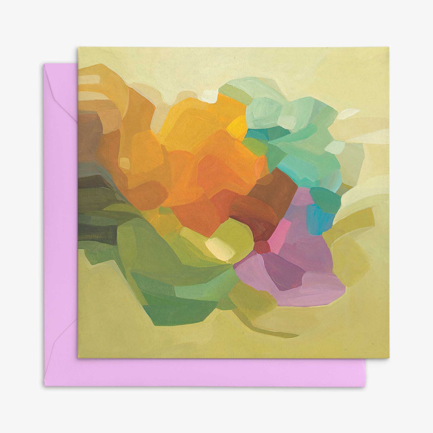 yellow abstract art card with square pink envelope