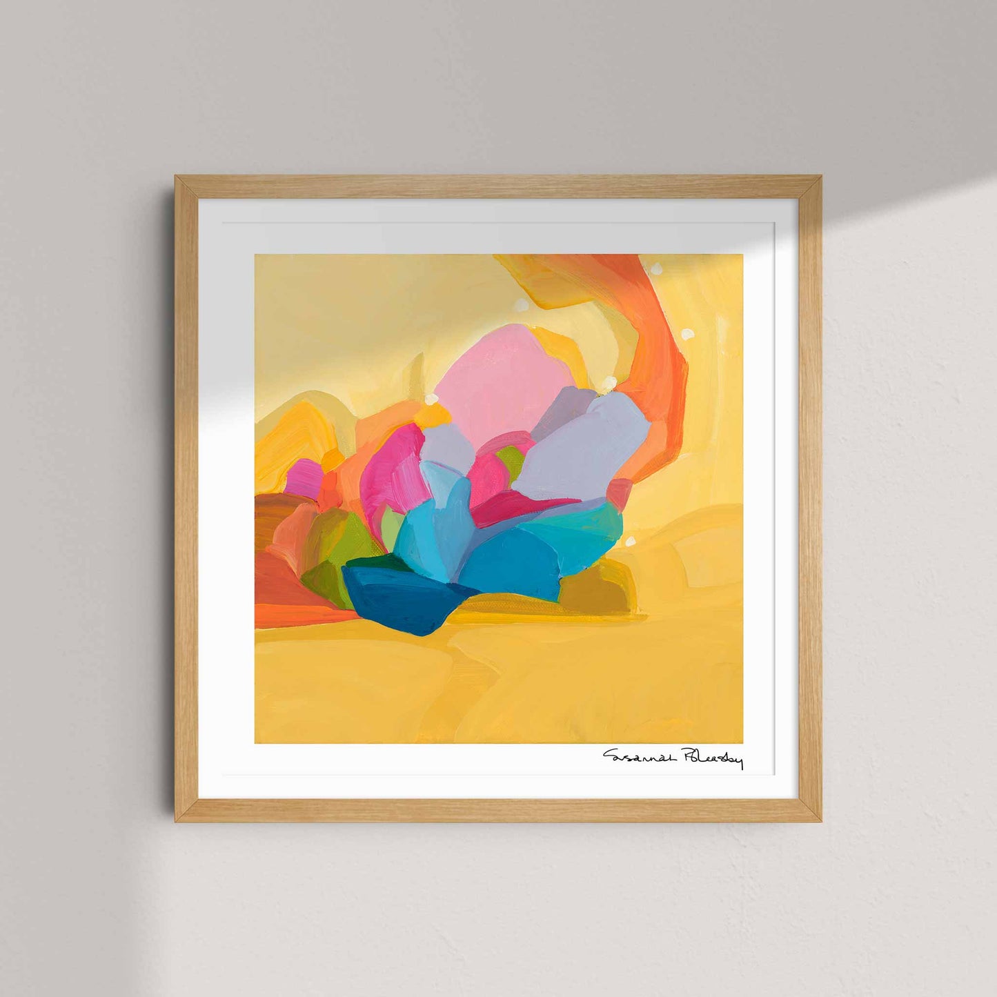 bright yellow abstract art print with blue and pink brushstrokes