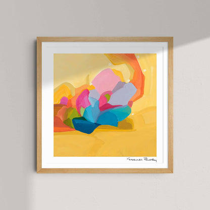 bright yellow abstract art print with blue and pink brushstrokes