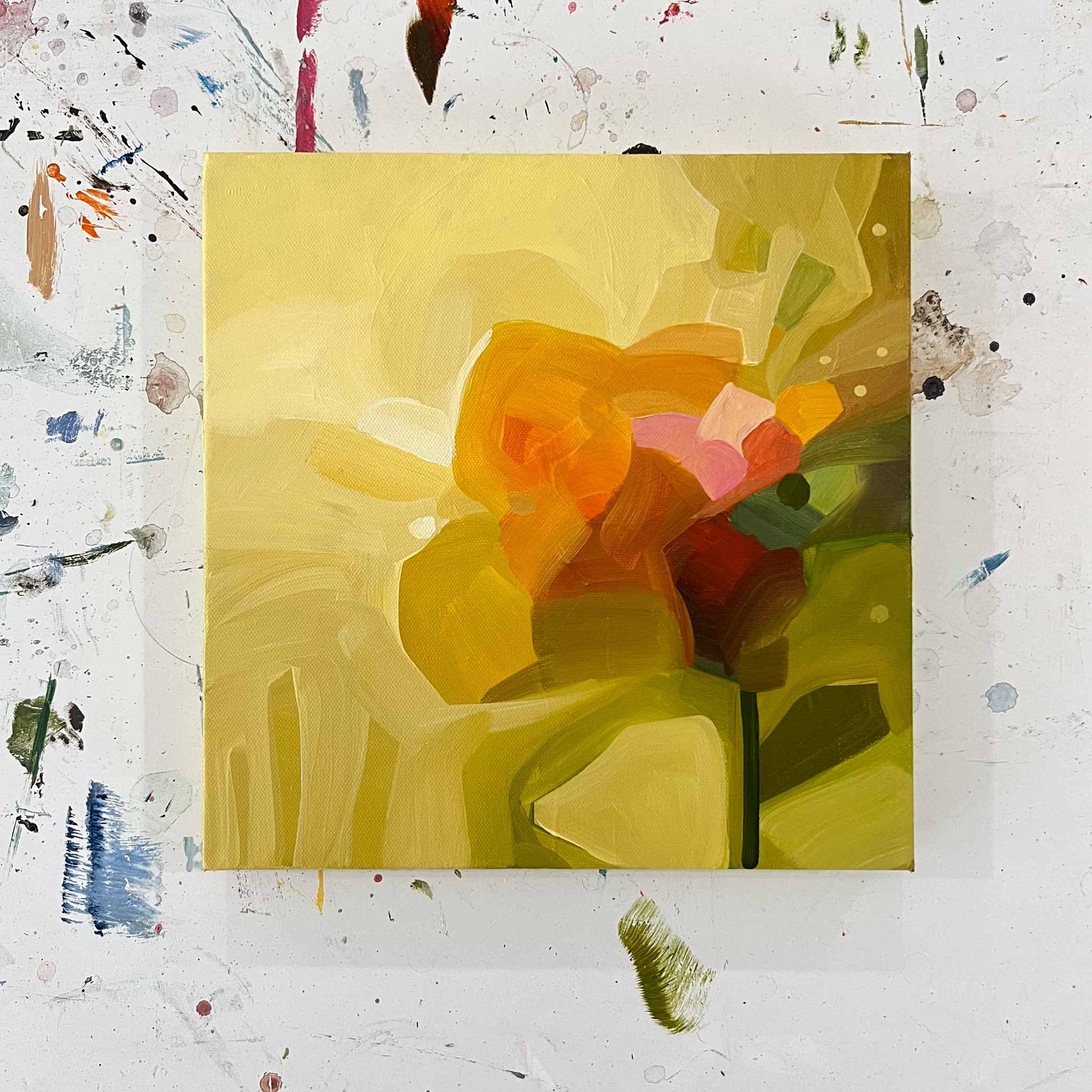 top view of yellow abstract floral from small abstract painting series by Canadian abstract artist Susannah Bleasby