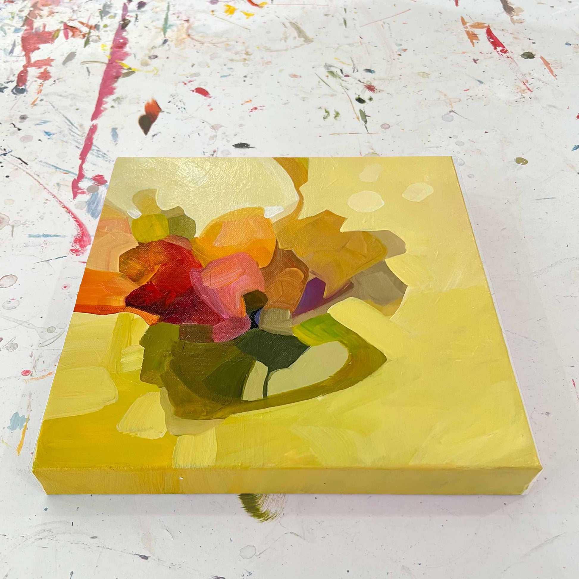 front view of yellow abstract flower from small abstract painting collection by Canadian abstract artist Susannah Bleasby