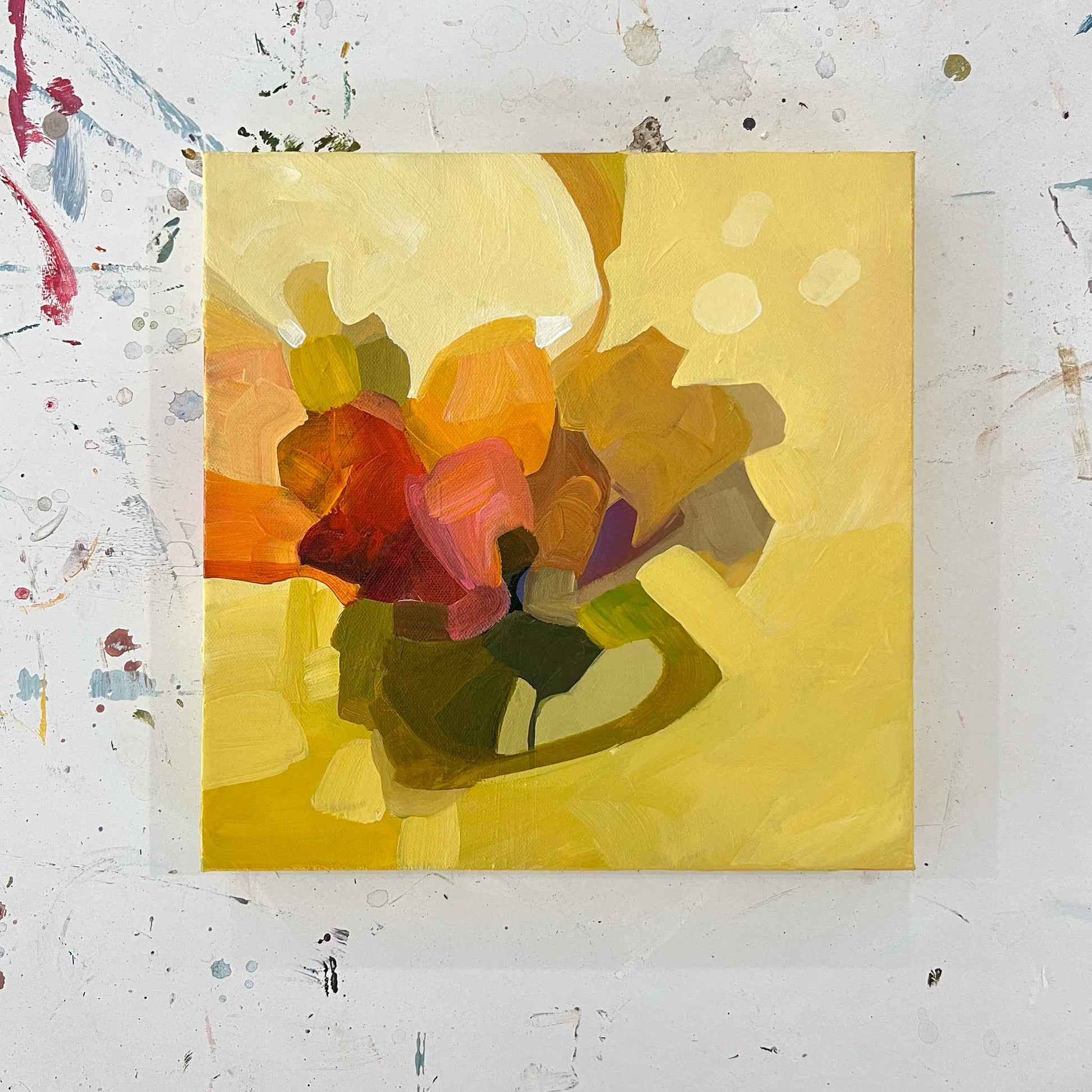 top view of yellow abstract flower from small abstract painting collection by Canadian abstract artist Susannah Bleasby