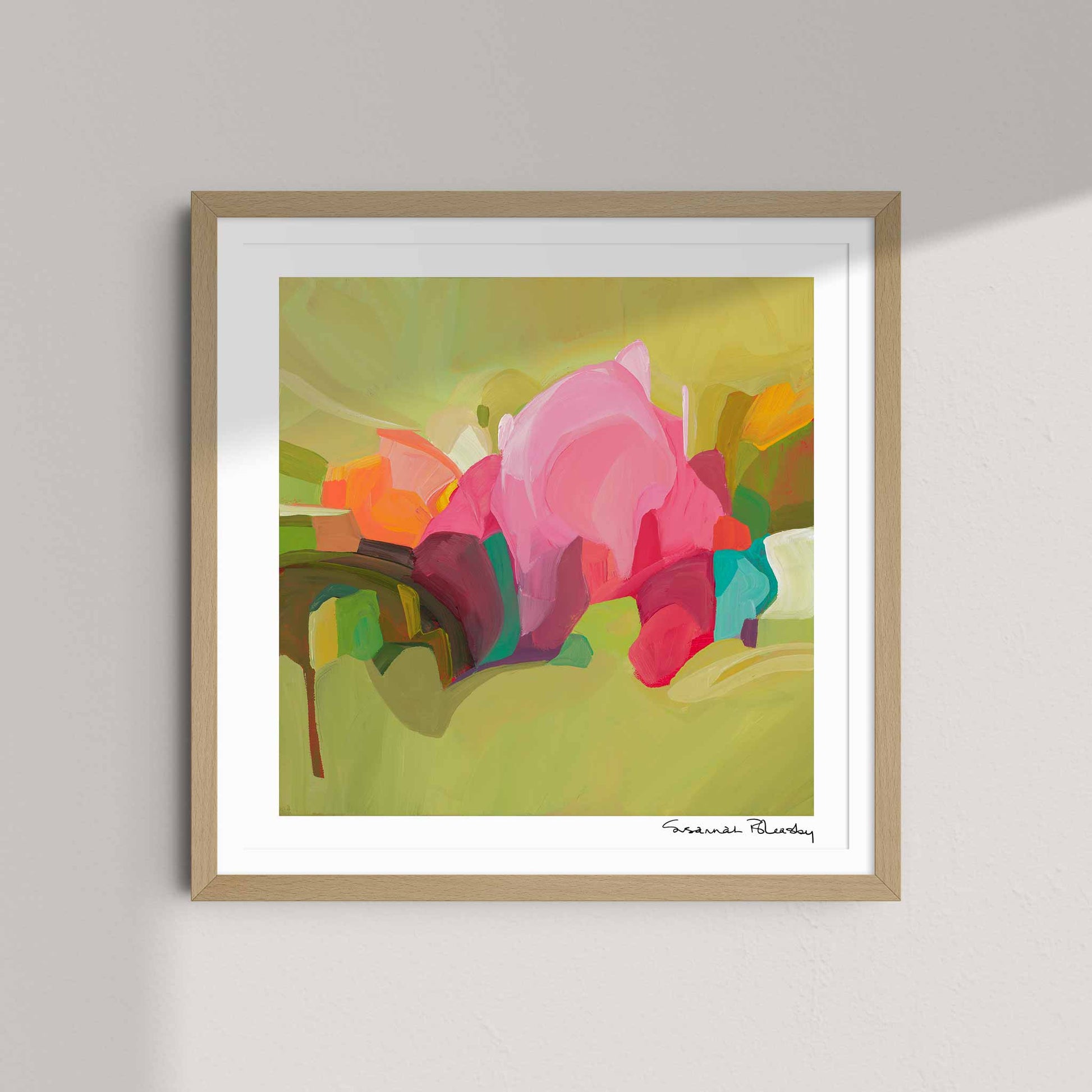 yellow green abstract art print with pink and orange brushstrokes created from original abstract acrylic painting