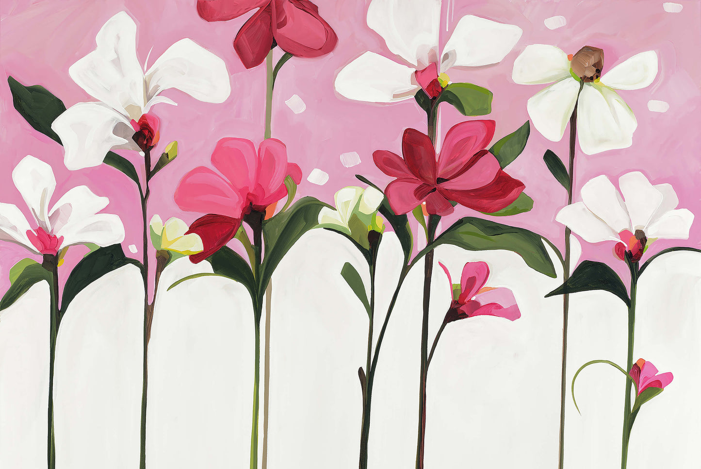 magenta pink and white flowers featured in an art print created from an acrylic flower painting