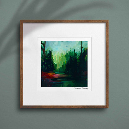 small fine art print of an abstract forest painting by Canadian abstract artist Susannah Bleasby