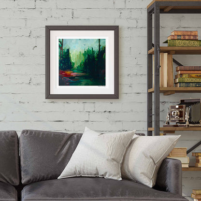 deep green abstract forest painting print artwork over sofa