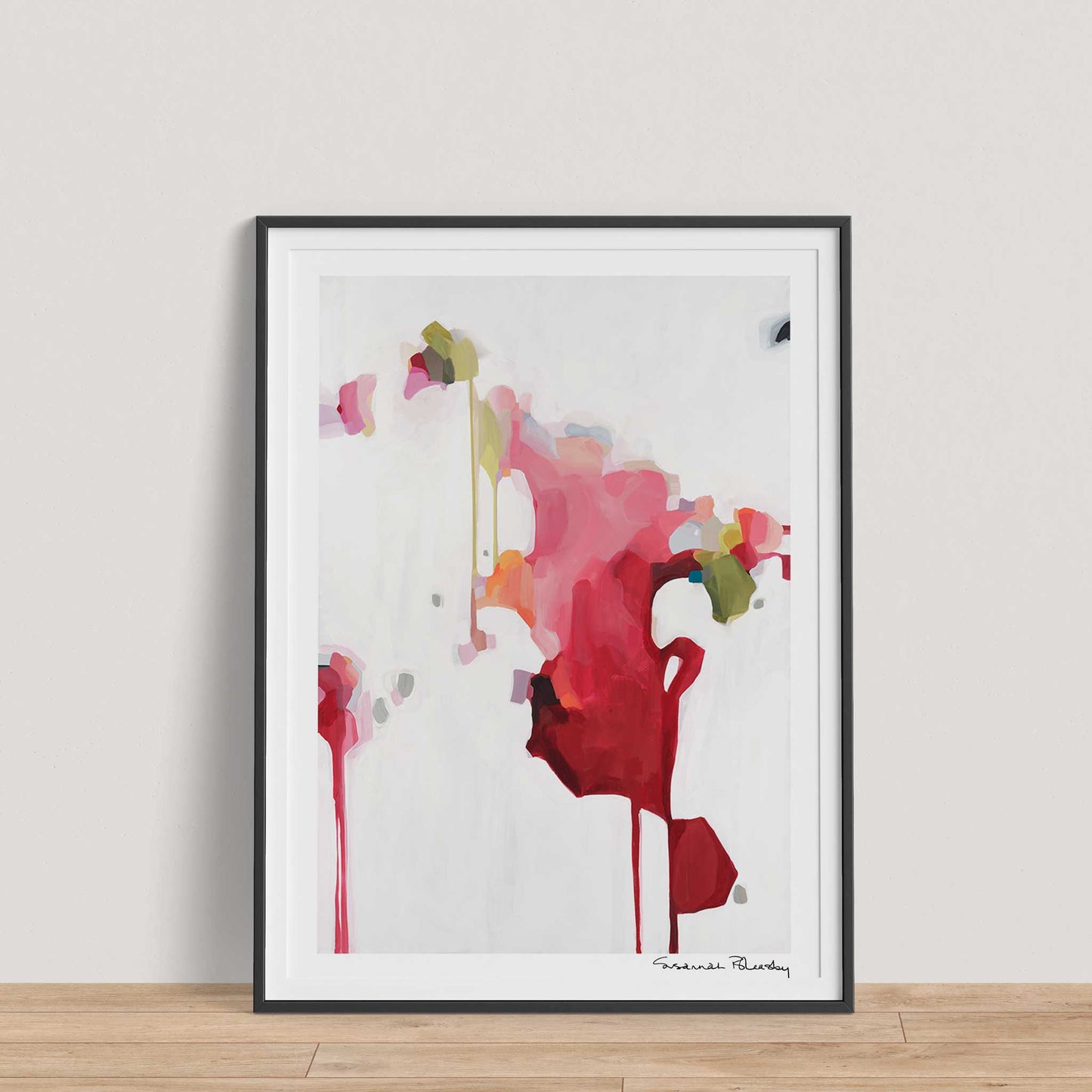 Framed colorful abstract art print created based on original acrylic painting by Susannah Bleasby