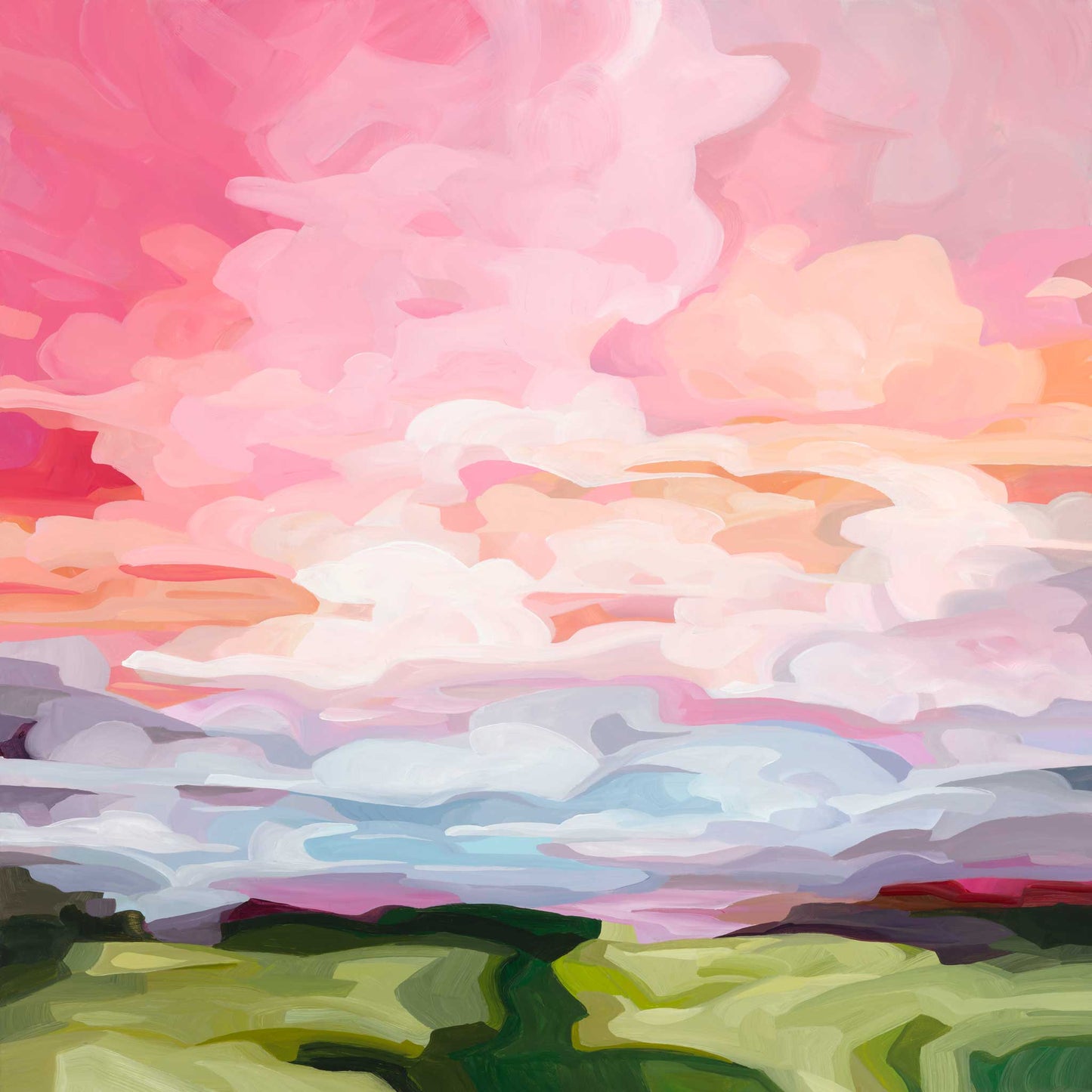 Acrylic cloud painting in bright colours with peach and pink clouds by Canadian artist Susannah Bleasby