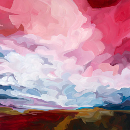 An abstract cloud sky painting in a bold palette of dramatic colous. A large original sky painting on canvas by Canadian artist Susannah Bleasby