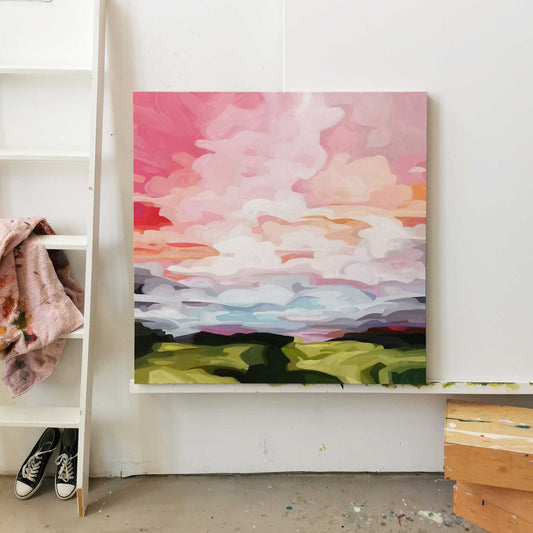 Bright acrylic sky painting with a blanket of pink and peach cloud by Canadian artist Susannah Bleasby