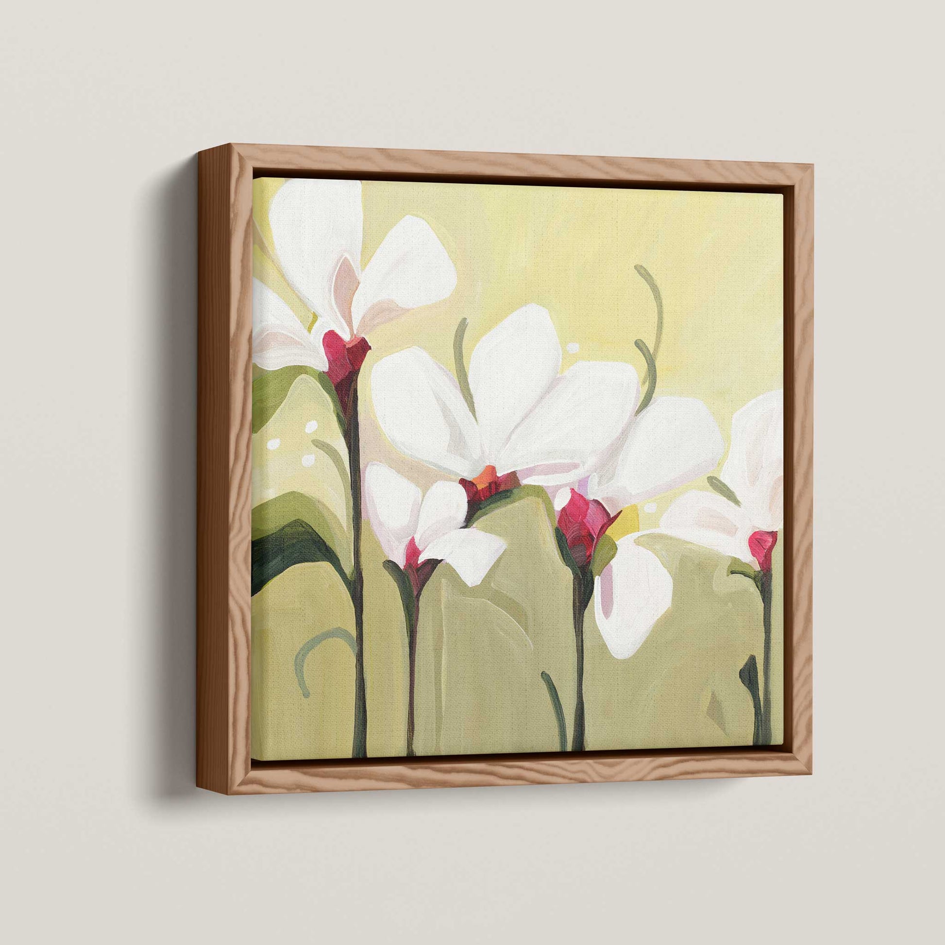 small framed acrylic flower painting with a sage green background palette and delicate white flowers
