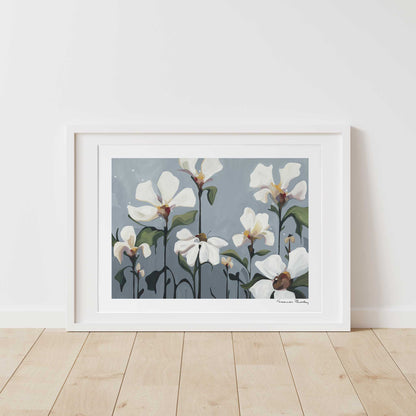 Small horizontal acrylic flower painting print with creamy blossoms on grey background with white frame